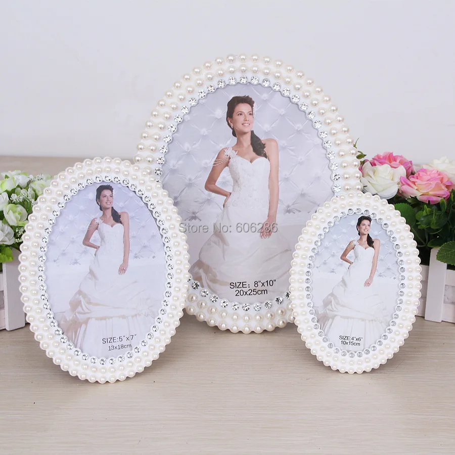 6 inch oval shape fashion pearl diamond white metal photo frame For Wedding Decorations Favors Дом и сад