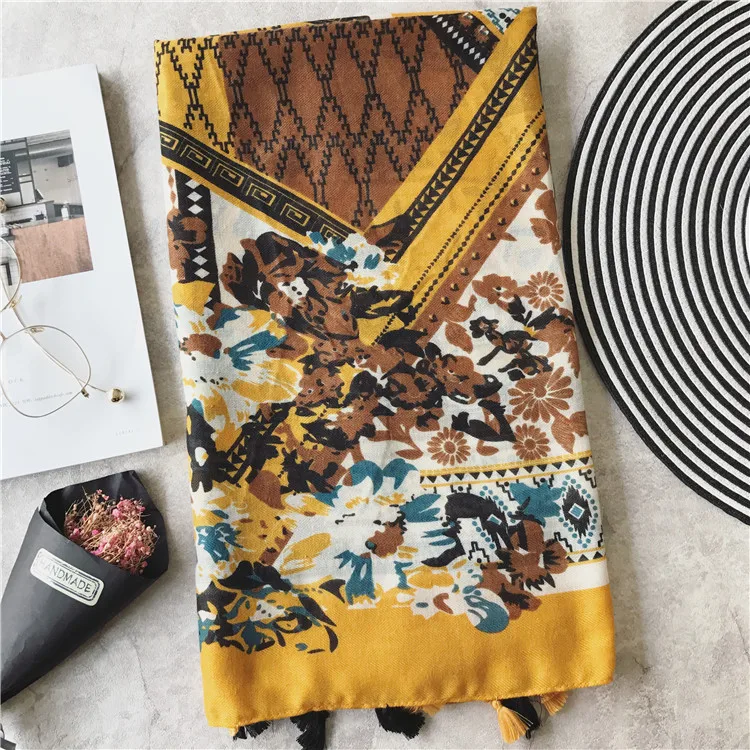 

2020 Women's Fashion Scarf African Floral Viscose Shawl Spain Luxury Brand Foulard Pashmina Sjaal Bufandas Mujer Muslim Hijab