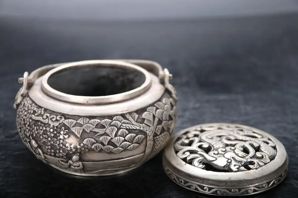 Китайская ручная резьба Miao Серебряная куриная горелка изысканный qianlong mark|Статуи