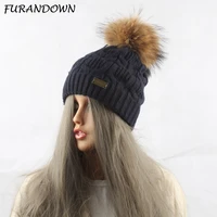 furandown female wool knitting headwear beanie winter raccoon fur pompom hat for women beanies skullies