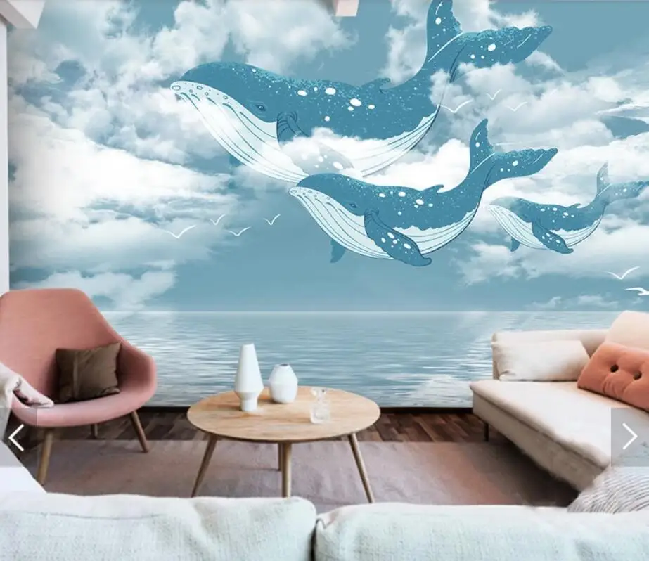 

Nordic Blue Sky Whale Fish Wall Mural Photo Wallpaper for Living Room TV Sofa Backdrop Wall Paper Home Decor 3d Wall Murals