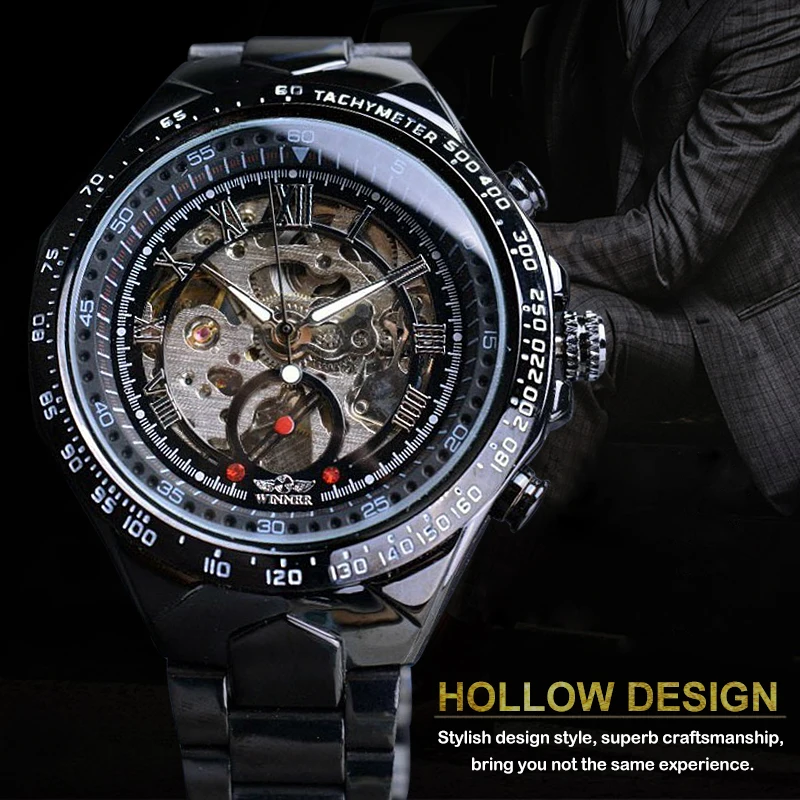 Победитель Черный циферблат Нержавеющая сталь часы horloge Для мужчин Роскошные