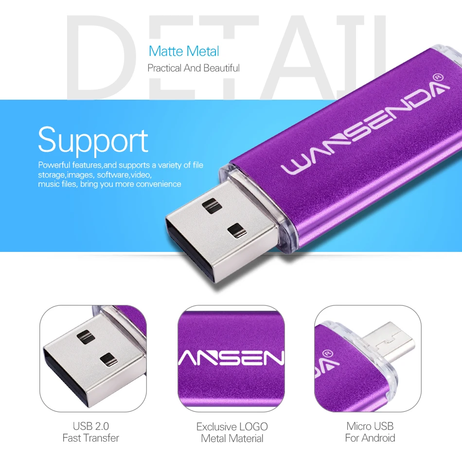 USB флеш накопитель WANSENDA OTG металлический 8 ГБ 16 32 64 128 256 накопители 2 в 1 Micro usb для