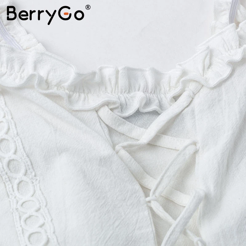 BerryGo сексуальные кружевные женские топы на бретельках с рюшами, белый плиссированный укороченный топ из хлопка, женские летние открытые кружевные топы на бретельках