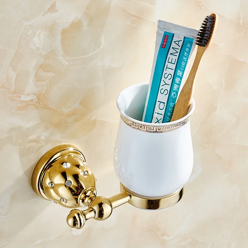 

Holders European Style Gold Copper Toothbrush Wall Mounted Bath Product Toothbrush holder Ceramic Cup Bath set5202