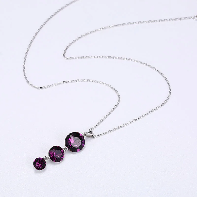 Cute Round Genuine Crystals From Swarovski Pendant Necklace For Women 3 Drop Circle 925 Sterling Silver Chain Engagement Gifts | Украшения