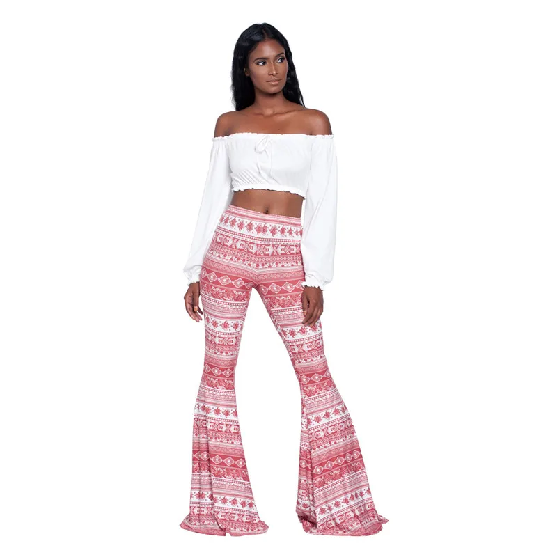 Printting Boho Для женщин расклешенные брюки 2018 Хлопок Лен Длинные для леди Высокая