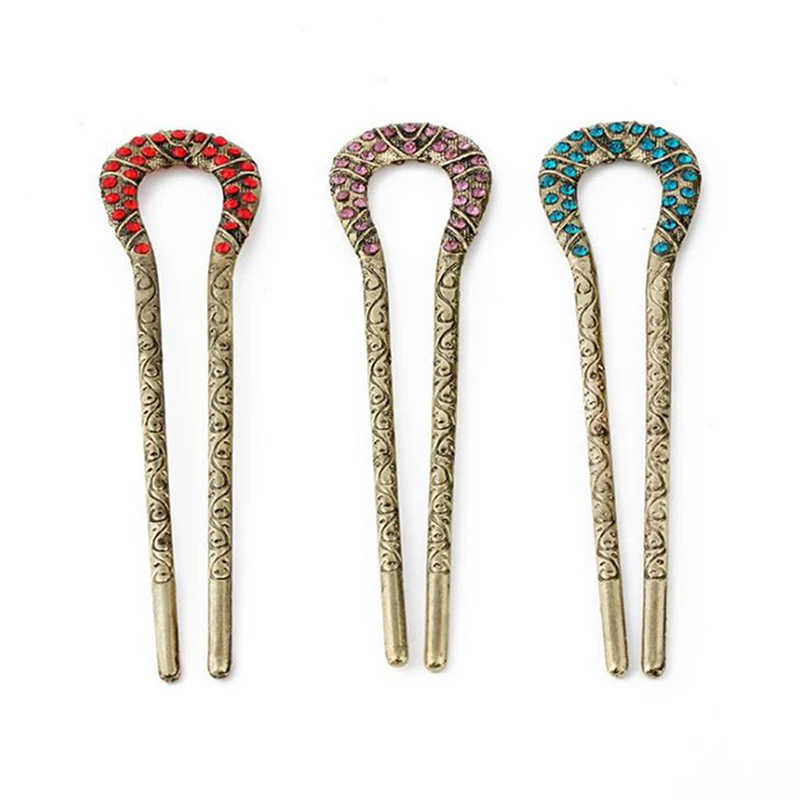 Retro Hair Jewelry Antique Bronze Sticks U Shape Hairpins Women Vertical Clip Rhinestone Flower Accessories | Украшения и