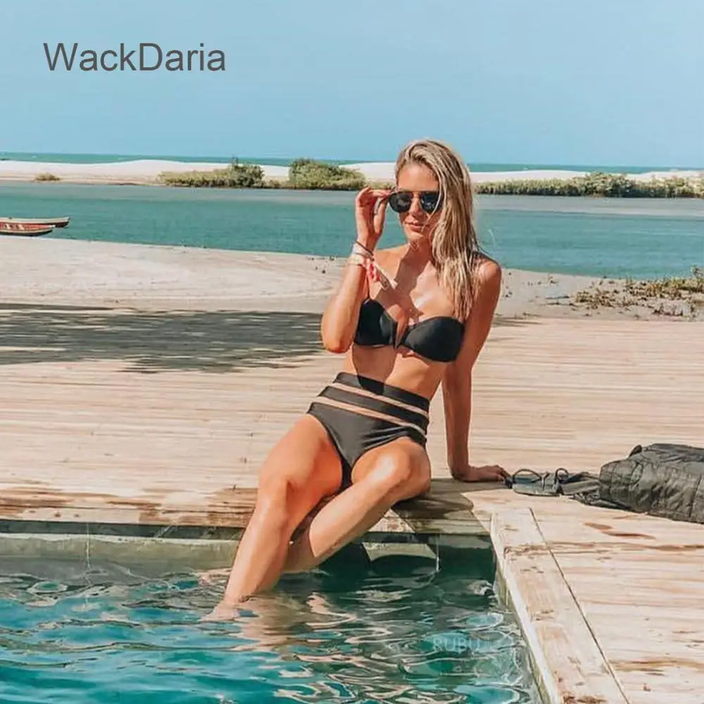 Женский купальник-бикини Wackdaria черный белый с V-образным вырезом и сетчатыми