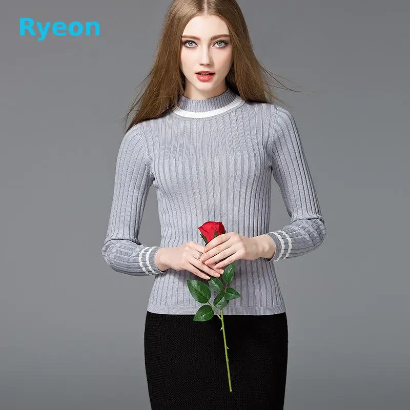 Прямо Полоса Случайный Осень Зима Женщины Свитер 2016 Ryeon Вязание Половина