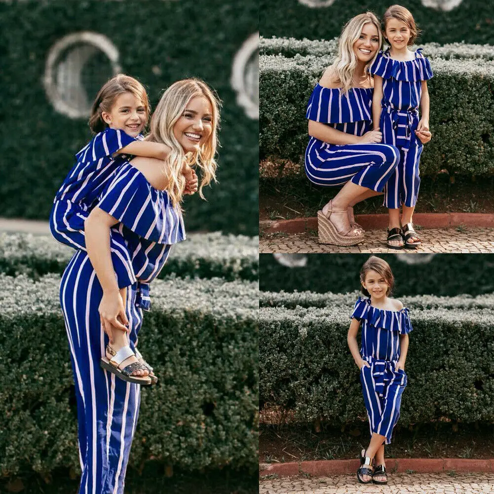Милые одинаковые комплекты для семьи; одежда для мамы и дочки; трико в полоску; комбинезоны; боди