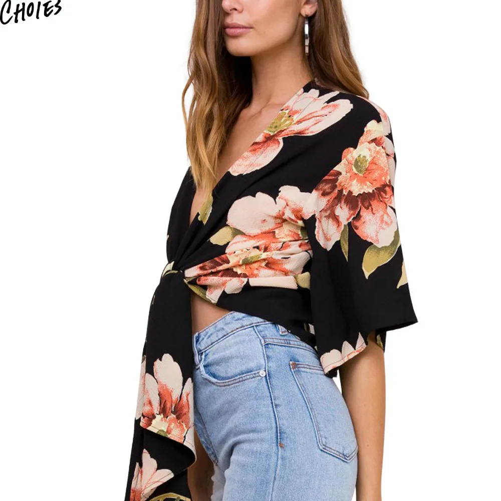 Женские блузки 2017 черная с глубоким вырезом цветочным принтом и бантом спереди