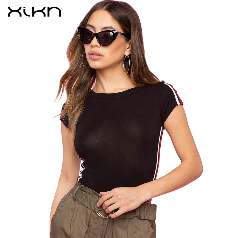 XIKN летние топы для женщин 2018 bodycon рубашка женские короткий рукав o-образным