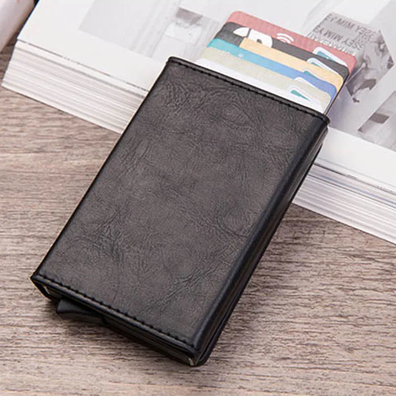 Black Мужской кожаный металлический кошелек Анти Rfid id держатель для карт Чехол Мужской кошелек для монет женский мини карбоновый кредитный держатель для карт на молнии - Цвет: Black