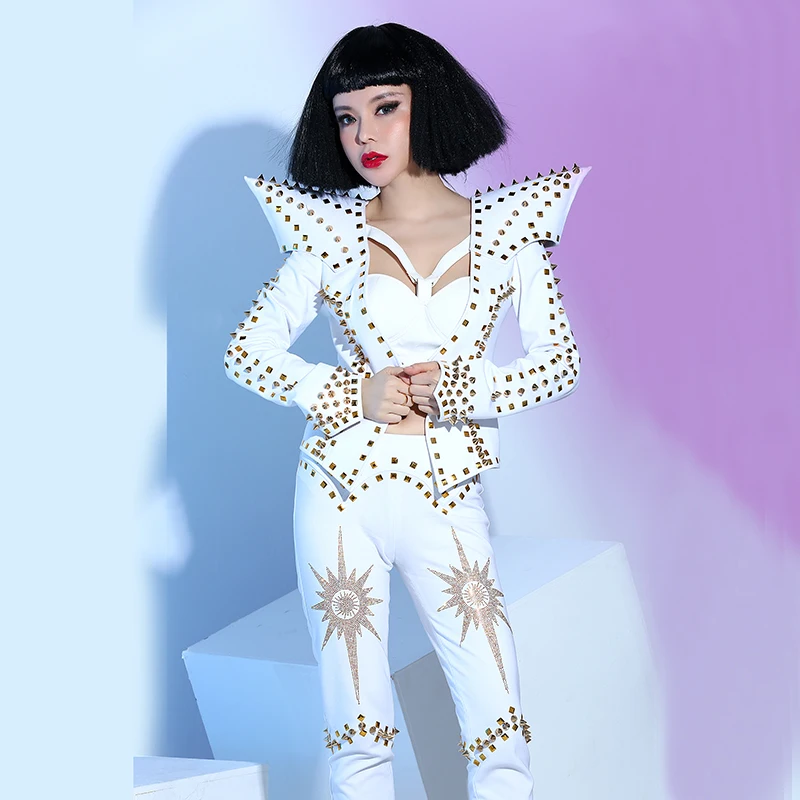 Female singer dj white punk rivet ds costume piece set stage clothes | Modern Dance