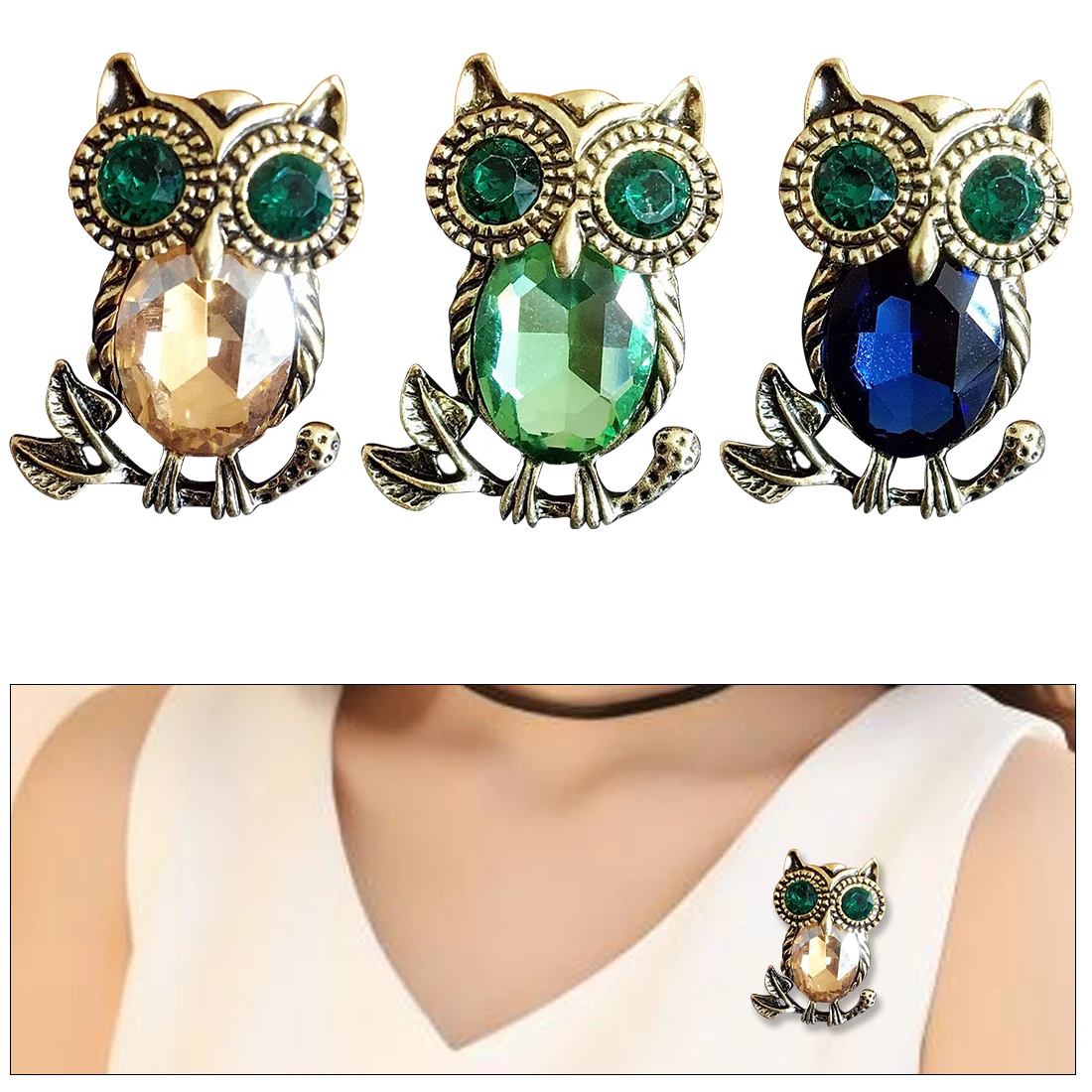 Винтажная бронзовая брошь в форме Совы с животными для женщин, Броши со стразами и кристаллами для воротника, бронзовая брошь в форме совы, ювелирное изделие