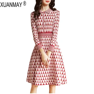 Осенний женский длинный свитер, уличная одежда, Элегантное Длинное стильное платье-свитер, Красный жаккардовый свитер с узором для женщин на осень