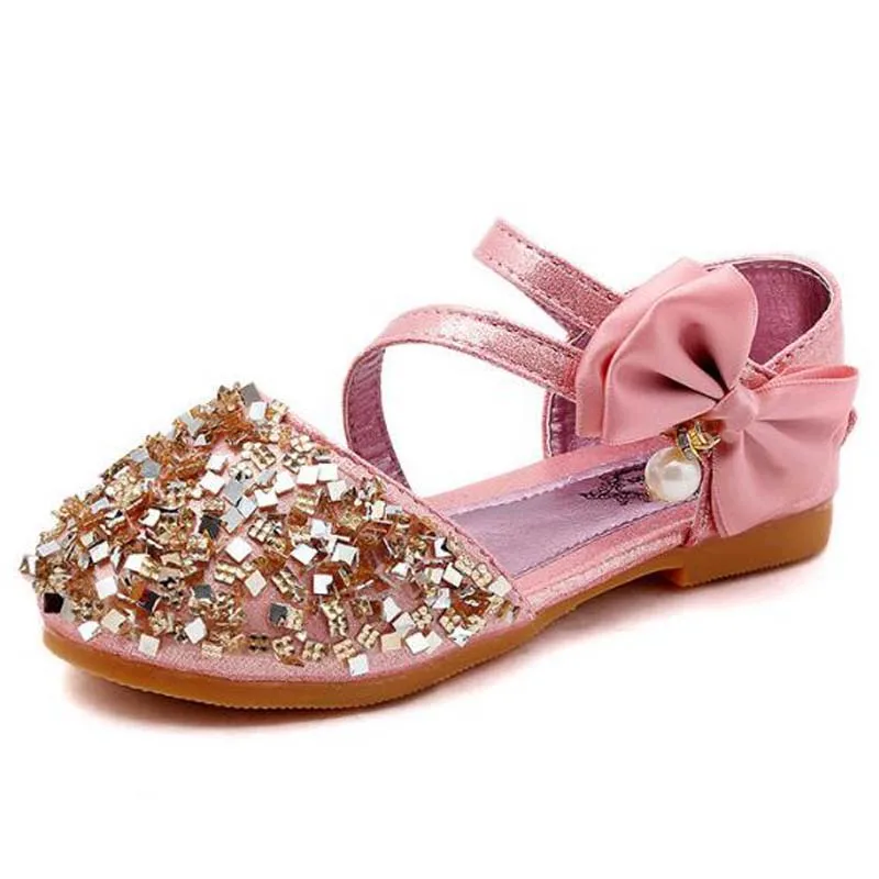 

spring New Children Casual Shoes Leather Girls Princess Flat Heel Party Shoes Fashion Sequins Bow Pearl Kids Shoes For Girls