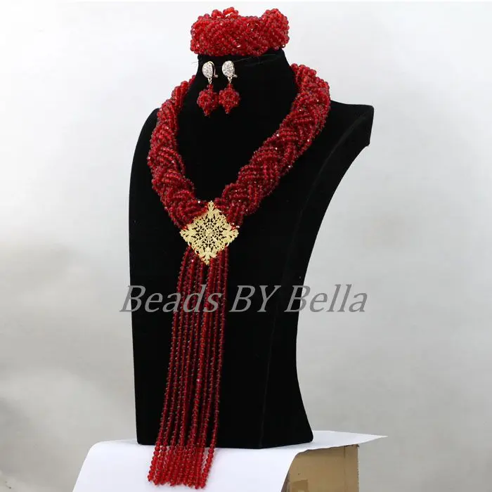 Удивительные красные хрустальные бусы косички свадебный набор длинных ожерелий