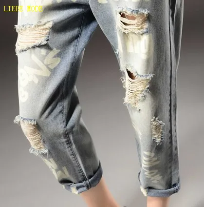 

Plus Size White Letter Print Distressed Jeans Woman Fashion Blue Ripped Jeans For Women Regular Ankle Harem Denim Pants 7XL 8XL