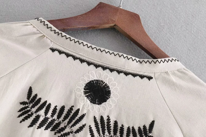 TEELYNN boho Женская блузка цвета хаки из хлопка с цветочной вышивкой, рубашка с длинным рукавом и круглым вырезом, Свободные повседневные женские блузки, богемский Топ