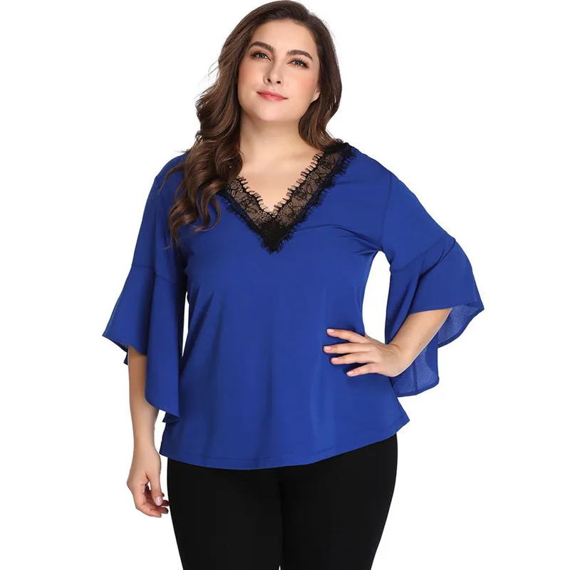 Женские рубашки Плюс сайз для полных мм v образный вырез расклешенные