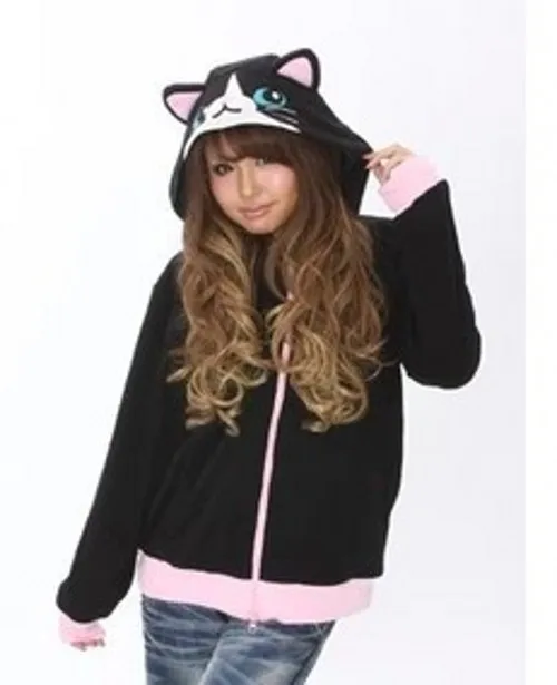Cartoon Black Cat Sweatshirts Long sleeve with zipper hat Cosplay Costume Men Women Hoodies Animal | Женская одежда