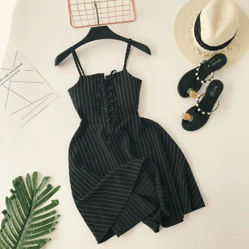 ALPHALMODA женское новое классическое Полосатое платье на бретельках, на шнуровке, с высокой талией, приталенное, для девушек, ТРАПЕЦИЕВИДНОЕ, винтажное, летнее, Vestidos