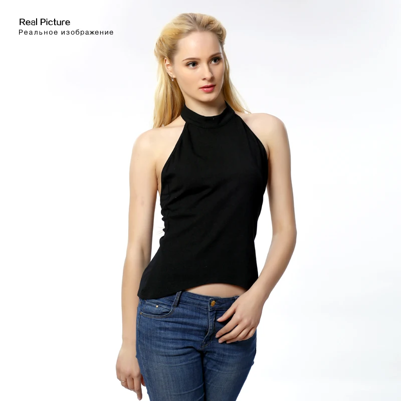 2018 Для женщин футболка хлопок жилет Черный Холтер шеи без рукавов топы Вернуться