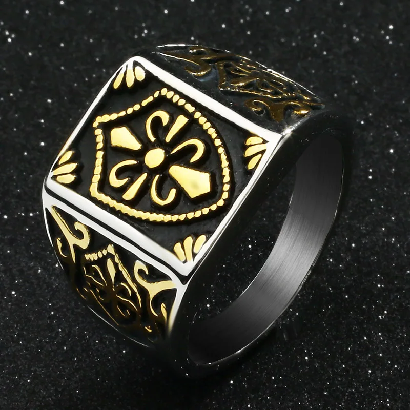 Модное Золотое кольцо Fleur De Lis Shield, мужское серебряное кольцо с крестом, кольцо с печаткой из нержавеющей стали, байкерские ювелирные изделия, Размер 7-14