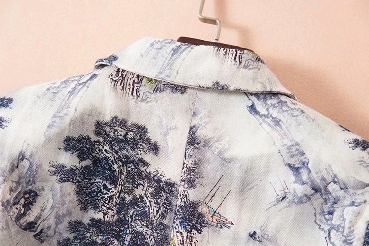 SEQINYY Short Jacket Summer Spring New Fashion Design 3/4 Sleeve Ink Forest Printed Thin Casual Women Linen Blazer