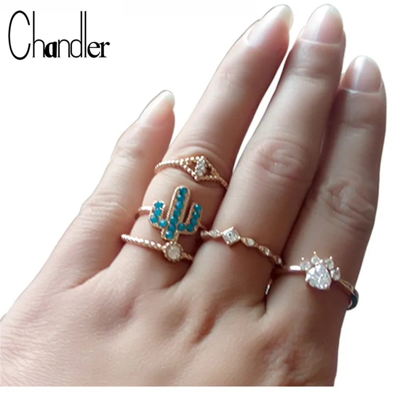 Chandler Cactus CZ Crystal Paw Rings Midi Finger Twist Toe Feet Ring For Women Championship Sets Bohemia Tiny Slim Bijoux|Обручальные