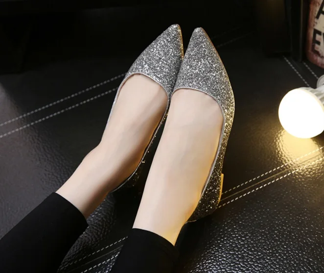 Ladies Sequined Cloth Flats For Wedding Party Pointed Toe Mujer Cover Heel Slip-ons Bling Shoes Plus Size 45 13 34 Gold Silver
