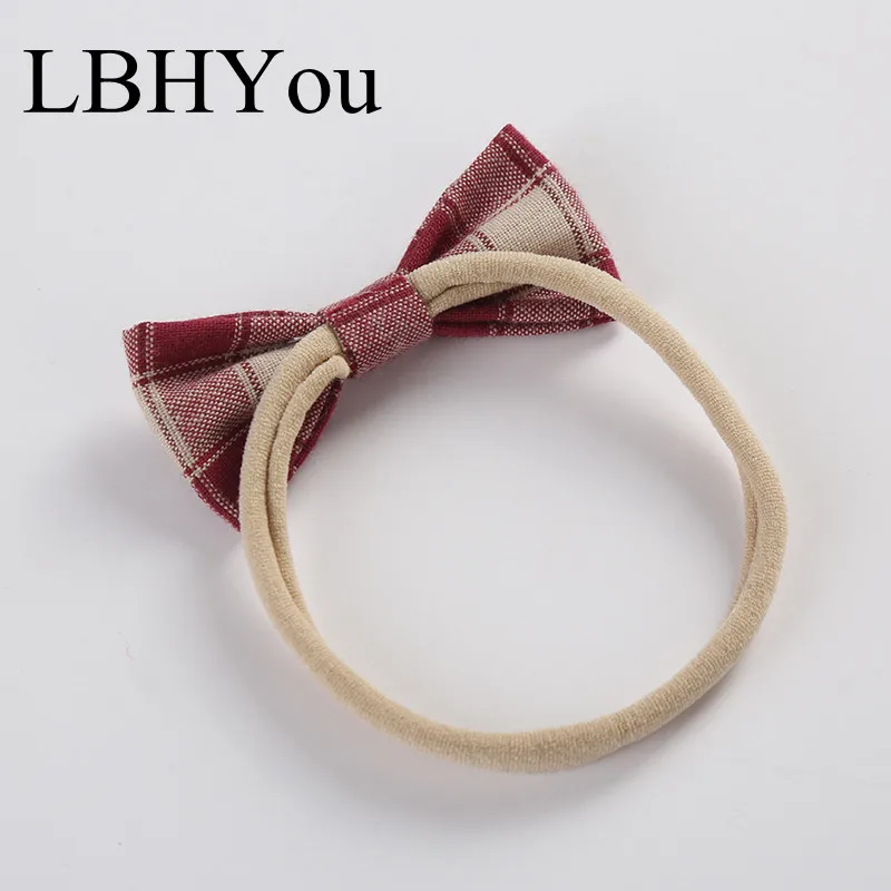 

6pcs/lot Classic Plaid Linen Cotton Bows Nylon Headbands Super Soft Skinny Nylon Hairbands Baby Girls Hand Tie Hair Accessories