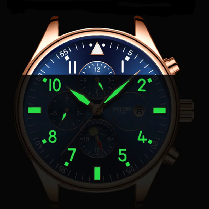Мужские автоматические механические часы BOYZHE с Лунной фазой водонепроницаемые