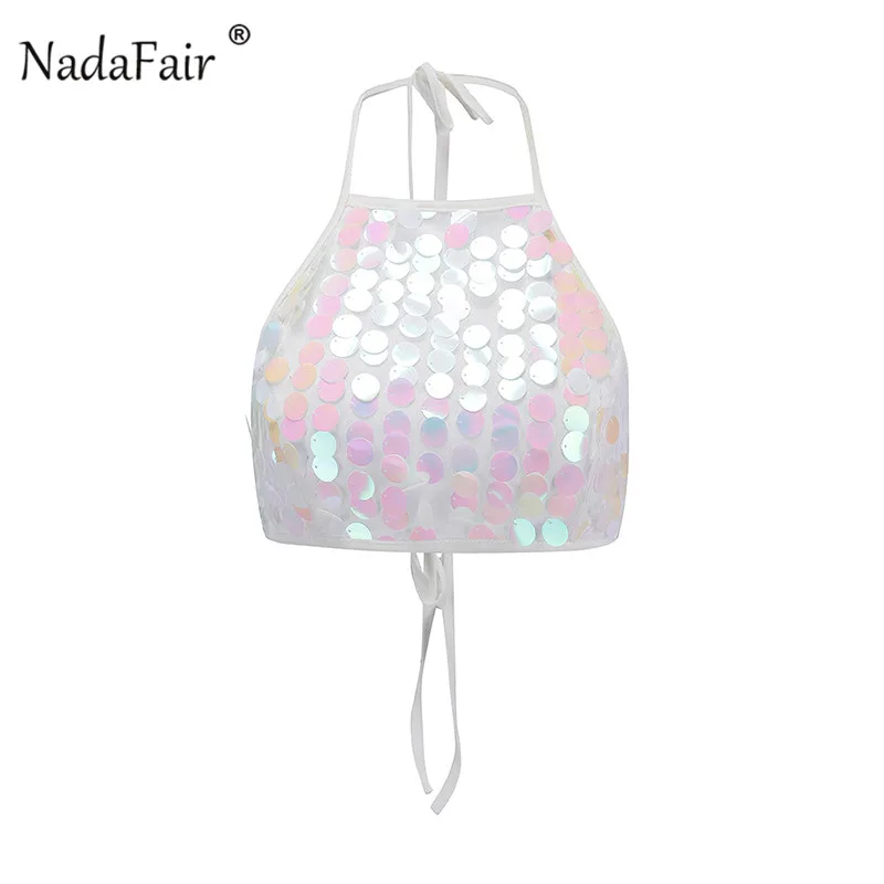 Nadafair сексуальная открытая спина с блестками Клубные Топы женские кружевные пляжные топы с бретельками
