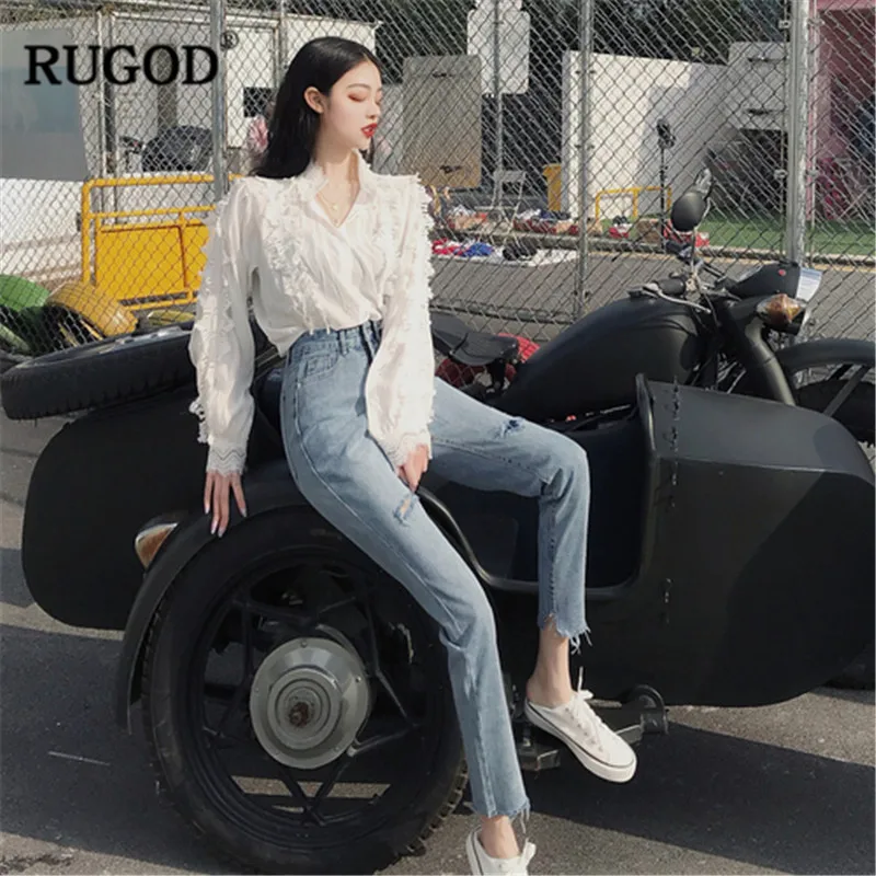 Женская кружевная блузка RUGOD белая винтажная рубашка в стиле пэчворк с пышными