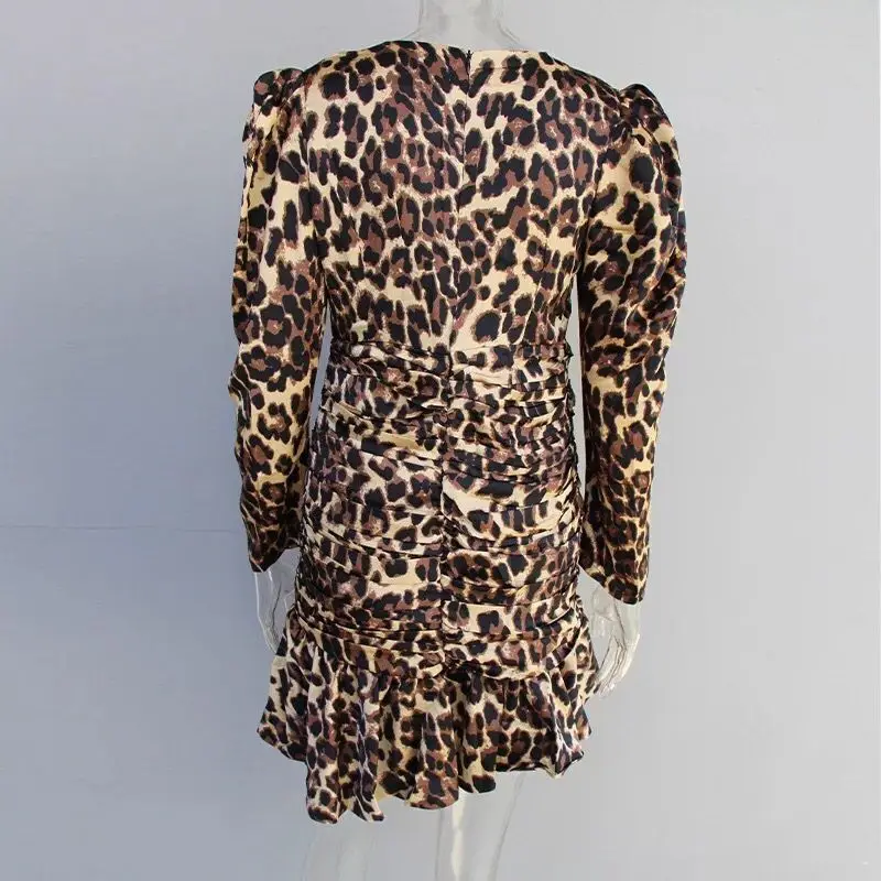 Winter Leopard Bodycon Dress Elegant Puff Sleeve Celebrity Sexy Ruffles Evening Party Long Dresses Women | Женская одежда