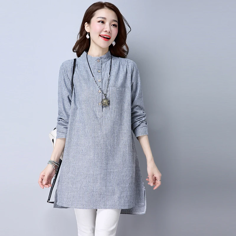 Женская длинная рубашка в полоску Повседневная Свободная блузка из хлопка и льна