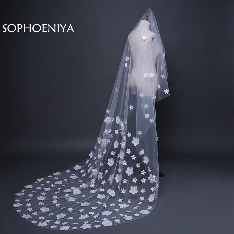 

Hot sale Ivory veu de noiva Sexy wedding veil 2021 voile de mariee Bridal veil Cathedral veils bridal 3D Flower appliques Veils