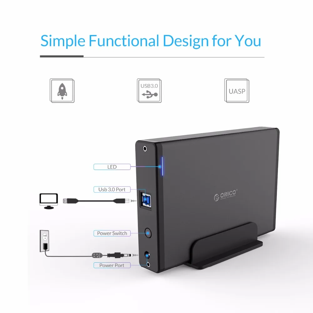 ORICO алюминиевый 3,5 дюймовый жесткий диск HDD корпус USB3.0 для SATA3.0 HDD чехол док-станция Поддержка UASP 12V2A мощность