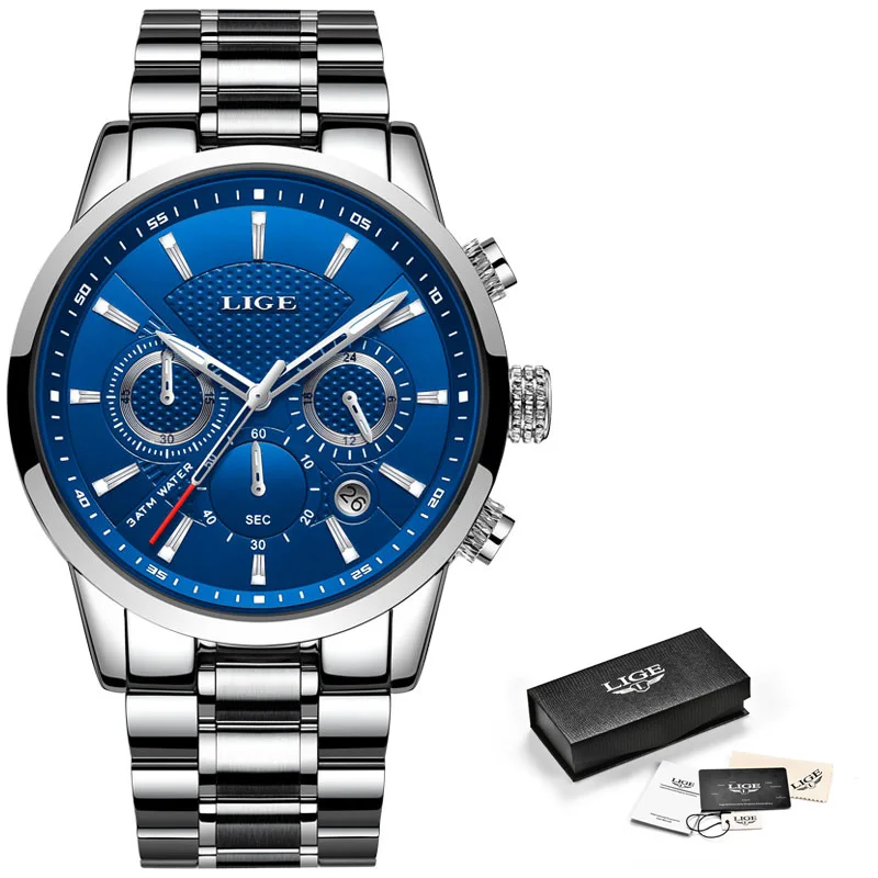 Silver blue Часы LIGE мужские s часы Топ бренд класса люкс мужские повседневные кожаные водонепроницаемые Хронограф Мужские Спортивные кварцевые часы Relogio Masculino - Цвет: Silver blue