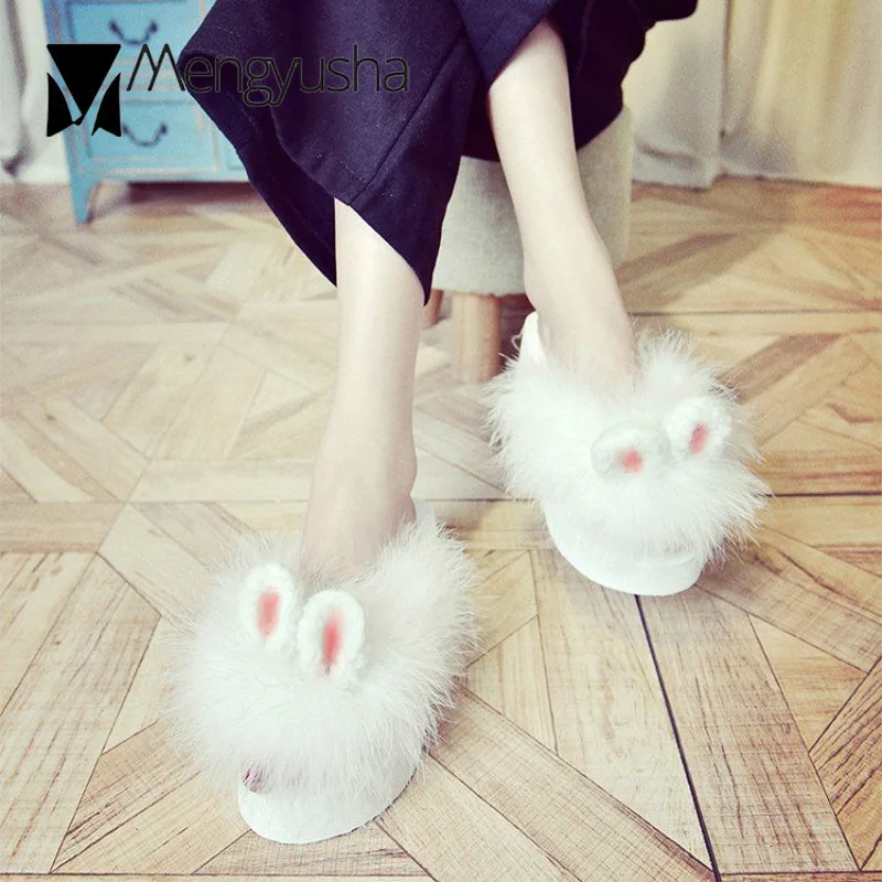 Милые меховые сандалии с кроличьими ушами Женские милые розовые шлепанцы