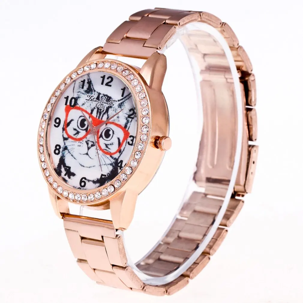 Модный тонкий стальной ремешок с круглым циферблатом кошачья одежда стеклянные