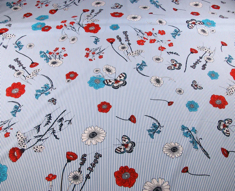 Полосатая ткань с цветочным принтом 100% хлопковая для женщин Платье или блузка