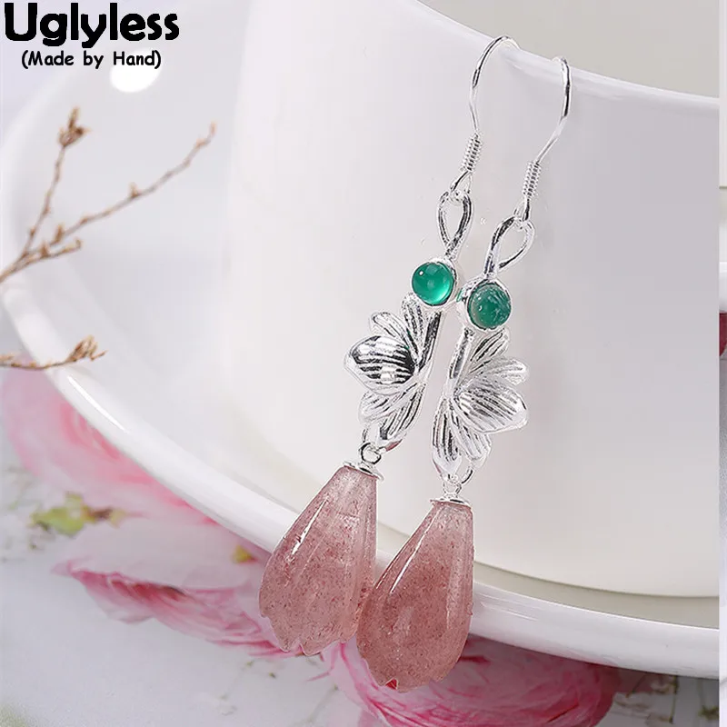 

Uglyless Handmade Magnolia Earrings for Women 100% Real Solid 925 Silver Leaf Fine Jewelry Strawberry Quartz Gemstones Earrings