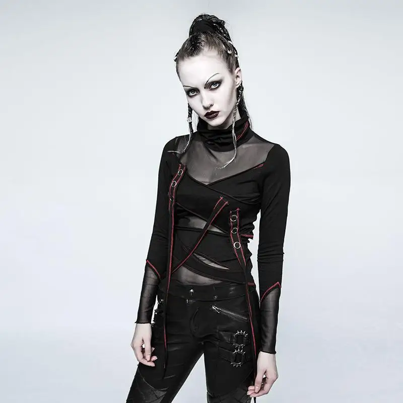 Женские сетчатые топики с высоким воротом в стиле панк красные T 480|Футболки| |