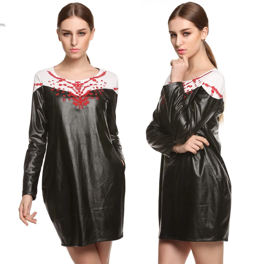 Женская мода Весна Лето Платье С Длинным Рукавом PU Кожаные Платья O Шеи Прямо Мини