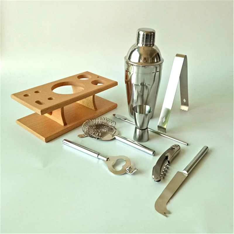 

750ml Stainless Steel Cocktail Set Maker Shaker Jigger Ice Strainer Clip Cheese Knife Bottle With Wooden Frame Bar Tool Kit