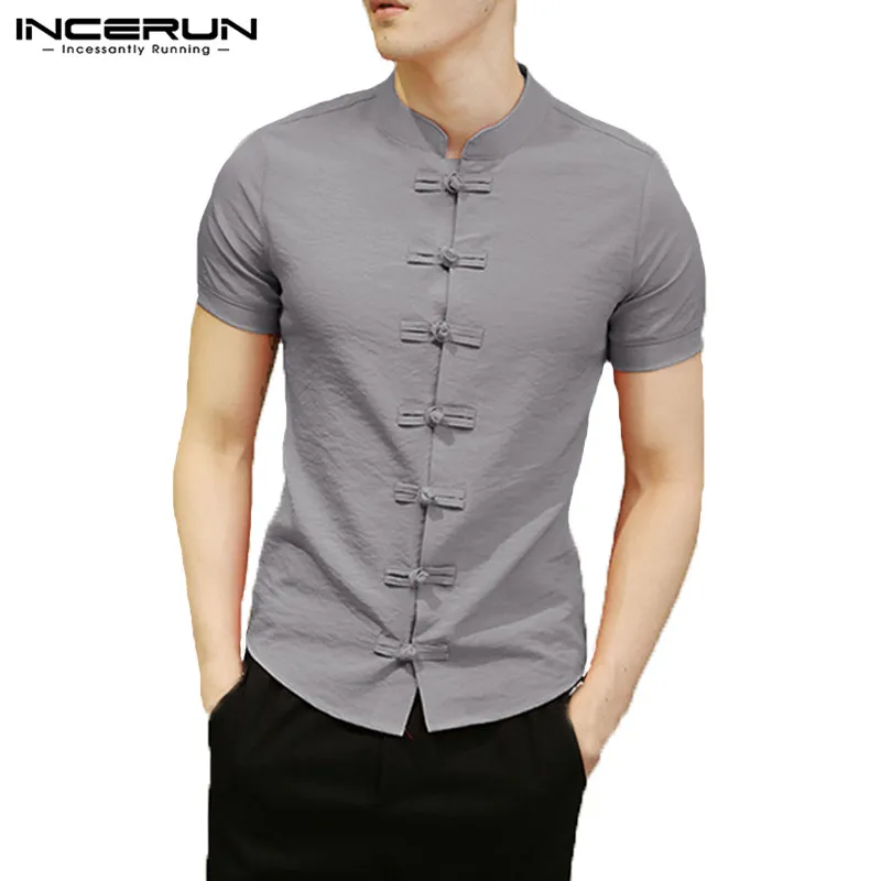 Gray Shirt INCERUN Традиционный китайский стиль рубашка мужская с коротким рукавом винтажная рубашка сплошной цвет облегающий Повседневный Мужская Повседневная рубашка - Цвет: Gray Shirt